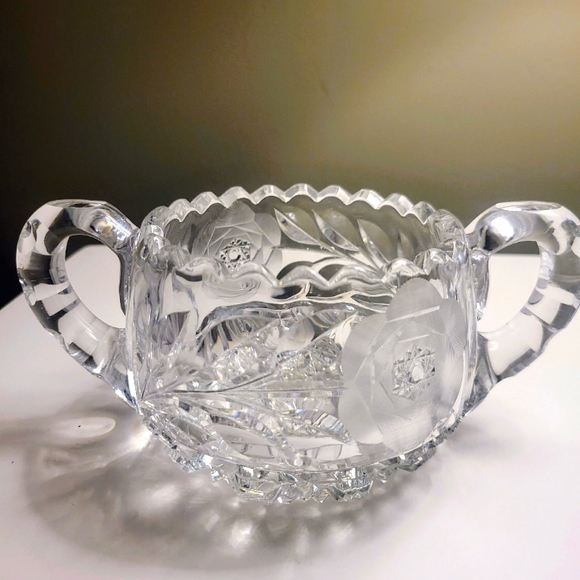 Vintage Heavy Cut Glass Crystal Sugar Bowl With Rose Pattern - Picture 1 of 6